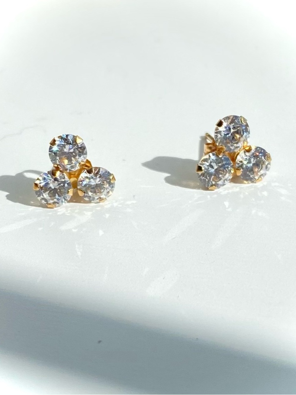 14K Yellow Solid Gold Triple CZ Stud Earrings - Clear Sparkle